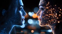 Mystical profiles of faces illuminated by glowing particles and sparkles face each other with heart shape between them against dark background with bokeh lights.