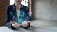 Professional businesswoman presenting digital network technology concept with glowing data connections and circuit board elements in modern office environment.