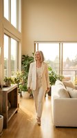 Mature woman with blonde hair, Caucasian ethnicity, wearing cream business casual suit walking through bright modern living room with large windows, potted plants, wooden furniture and neutral decor for lifestyle and professional use.