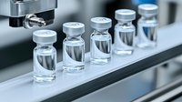 Medical glass vials with clear liquid in pharmaceutical production line. Quality control of vaccine manufacturing process in modern laboratory setting.