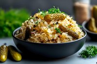 Homemade sauerkraut with pickled cucumbers in black bowl, garnished with fresh dill. Traditional fermented cabbage dish for gut health.