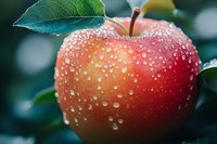 Fresh red apple with water droplets and green leaves in garden, macro photography showing detailed texture of wet fruit surface in natural light.