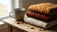 Stacked knit sweaters and warm beverage by window with autumn leaves, cozy fall lifestyle scene for seasonal home decor and comfort themes.