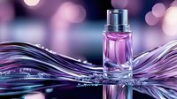 Elegant perfume bottle with purple liquid on dynamic water splash surface against blurred bokeh background, luxury cosmetic product photography.