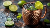 Moscow mule cocktail in hammered copper mug garnished with fresh lime slices and mint leaves on dark rustic background with ice cubes and citrus.