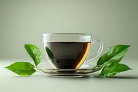Glass cup of fresh brewed black tea on saucer with green tea leaves on light green background, minimalist composition for beverage and food photography.