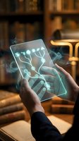 Hands holding transparent tablet displaying glowing neural network connections and digital brain visualization with holographic effects in warm library setting.