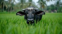 Young water buffalo with large horns peering through tall green grass in tropical setting with palm trees in background, close-up portrait showing distinctive facial features.
