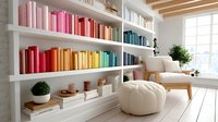 Colorful books arranged by spectrum on white built-in shelves create rainbow effect in modern minimalist reading nook with cream armchair and ottoman.