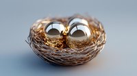 Shiny metallic eggs nestled in natural brown woven nest against soft blue background, representing wealth, investment and financial security concept.