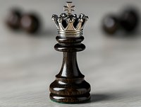 Chess king piece with silver crown on dark wooden base against blurred background, dramatic lighting highlights royal game piece details and craftsmanship.