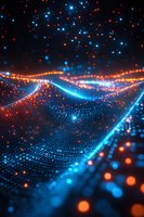 Abstract digital landscape with glowing blue and orange particles forming wave-like structures against dark background, representing data visualization and technology.