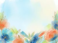 Watercolor floral background with blue, coral and green blooms, gold outlines, soft pastel tones, copy space for text or design use.