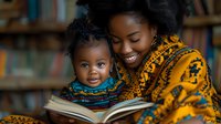 African American mother and toddler daughter sharing precious bonding moment while reading book together, wearing traditional ethnic print clothing, authentic family learning scene.