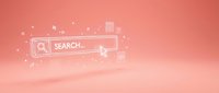Modern search bar interface with magnifying glass icon on soft coral pink gradient background with floating geometric elements and particles.