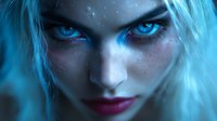 Mystical female portrait with glowing blue eyes and ethereal light effects, dramatic fantasy makeup and intense gaze against dark background.