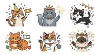 Cartoon cats celebrating with party elements, confetti and festive decorations isolated on white background, ready for design use on merchandise and promotional materials.