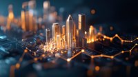 Glowing golden skyscrapers rise from digital circuit board with financial graph lines, illuminated by warm light effects against dark blue background. Modern business concept.
