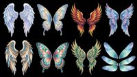 Watercolor angel wings and fairy wings collection featuring ornate feathered designs, colorful butterfly wings, and mystical wing pairs in blue, gold, red, and green tones. Isolated on transparent background, ready for t-shirt design, stickers, and print-on-demand projects.