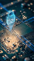 Glowing blue padlock hologram floating above computer circuit board representing cybersecurity data protection and digital privacy technology concepts.