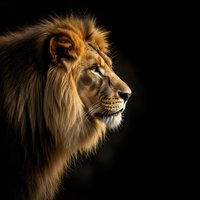 Majestic male lion portrait with golden mane against black background, powerful big cat predator wildlife photography for nature and animal themed projects.