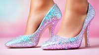 Sparkling glitter high heels in iridescent pink and blue colors against pastel background, elegant stiletto pumps with holographic shimmer effect for fashion and glamour.