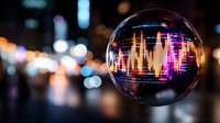 Urban cityscape reflected in glass sphere with colorful neon lights and bokeh background creating futuristic atmosphere for creative projects.