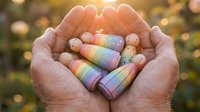Hands holding colorful rainbow candles in heart shape gesture, symbolizing love, diversity, acceptance and inclusivity outdoors with bokeh background.