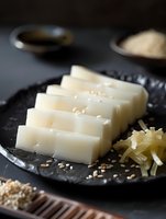 Sliced white kamaboko fish cake on black plate with ginger and sesame seeds, traditional Japanese seafood ingredient for ramen and soups, dark moody setting.