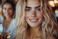 Young blonde woman with freckles and blue eyes smiling while holding wine glass at restaurant. Natural wavy hair and genuine expression create warm atmosphere.