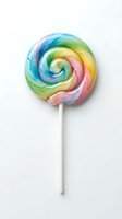 Colorful spiral lollipop with rainbow swirl pattern isolated on white background, perfect for candy, confectionery, and dessert design projects.