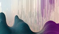 Abstract wavy lines creating dynamic composition with teal and purple gradients against light background, featuring vertical striped pattern and fluid curved shapes.