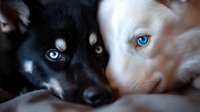 Two adorable husky puppies with striking blue eyes lying close together, showcasing different coat colors in intimate bonding moment for pet lovers.