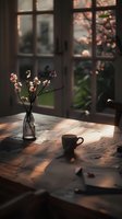 Cozy morning scene with cherry blossoms in glass vase and coffee cup on wooden table, sunlight streaming through window creating atmospheric shadows.