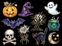 Spooky Halloween collection featuring jack-o-lantern, witch hat, ghost, bat, dead tree, cauldron, skull, spider, black cat, and crescent moon. Isolated on transparent background, ready for t-shirts, stickers, clipart, and print-on-demand designs.