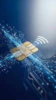 SIM card with wireless signal on digital circuit board background for mobile technology and telecommunications concepts.
