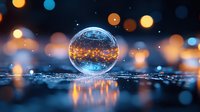 Crystal ball on reflective surface with magical glowing lights and bokeh effects creating mystical atmosphere against dark background with orange and blue illumination.