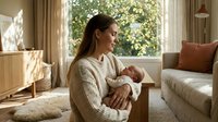 Young Caucasian mother in cozy knit sweater tenderly holding newborn baby in bright modern living room with natural sunlight streaming through windows.