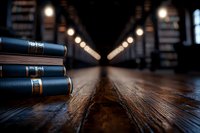 Old leather-bound books on wooden table in library with blurred rows of bookshelves and glowing lights creating atmospheric perspective depth.