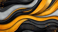 Abstract wavy background with black and gold curved layers featuring dynamic flowing lines and scattered glowing particles creates modern luxury design pattern.
