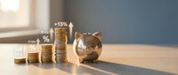Young professional woman with light skin tone in business casual attire analyzing financial growth chart with stacked coins and golden piggy bank, representing savings, investment returns, and wealth management strategies.
