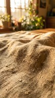 Cozy bedroom scene with warm sunlight streaming through window, textured linen bedding in natural beige tones, and blurred green plants in background for home decor and lifestyle content.