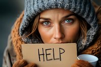 Young woman in gray knit beanie and orange sweater holding cardboard sign with help message, intense blue eyes looking directly at camera, expressing vulnerability.