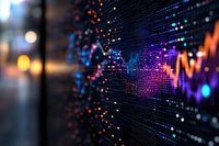 Digital stock market data visualization with glowing neon lines and graphs against dark background showing financial analytics and trading statistics.