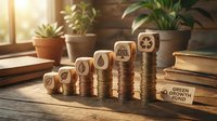 Wooden blocks with percentage symbols stacked in ascending columns forming a growth chart, surrounded by potted plants, books, and a green growth fund label on wooden surface with warm sunlight.