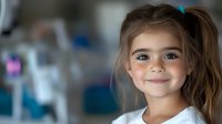 Young Caucasian girl with ponytail and gentle smile looking at camera against blurred background. Natural lighting highlights her innocent expression and soft features.