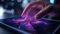 Finger touching digital screen creating glowing purple particle effect, futuristic technology visualization with bokeh background for tech innovation concepts.