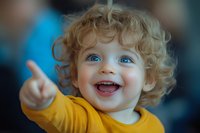Joyful toddler with curly blonde hair and bright blue eyes wearing yellow sweater points and laughs with genuine excitement. Candid childhood moment captures pure happiness.