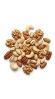 Mixed nuts collection with almonds, walnuts, cashews, pistachios and pecans isolated on white background for healthy snacking and cooking recipes.