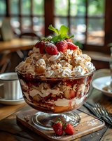 Layered strawberry trifle dessert with fresh berries, whipped cream, and crumbled cookies in glass bowl, garnished with mint leaves, served at restaurant table.